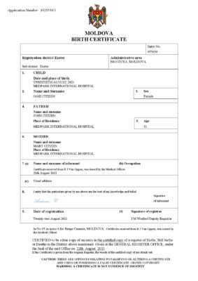 Moldova birth certificate Word and PDF template, completely editable