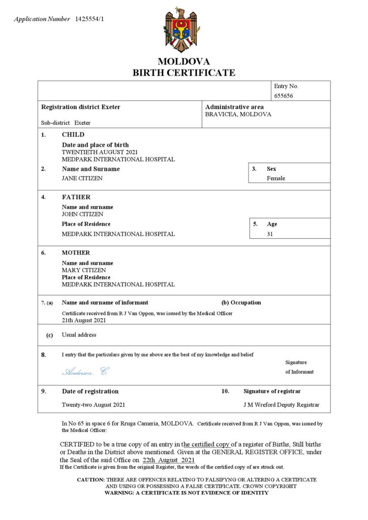 Moldova birth certificate Word and PDF template, completely editable