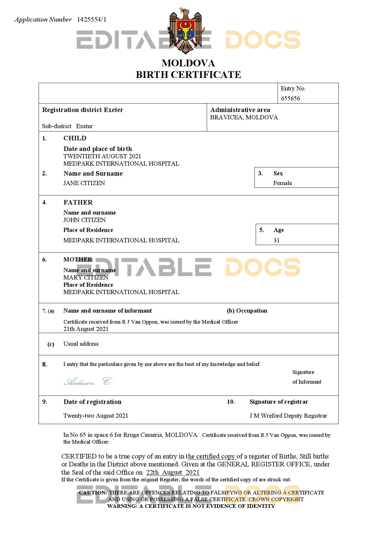 Authentic Moldova Birth Certificate Template | Customize and Download Online