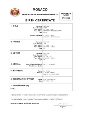 Monaco vital record birth certificate Word and PDF template, completely editable