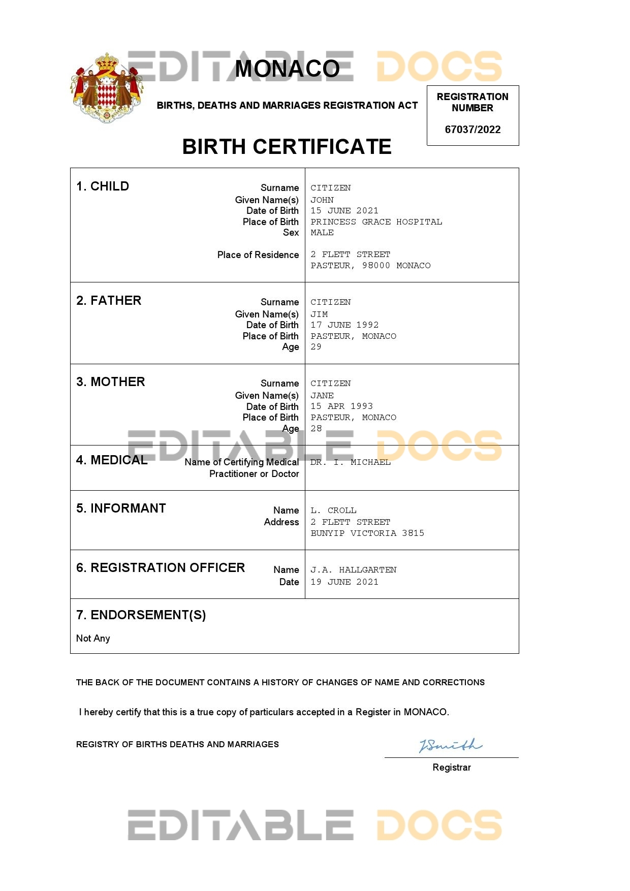Authentic Monaco vital record Birth Certificate Template | Customize and Download Online