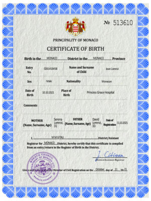 Monaco vital record birth certificate PSD template, fully editable