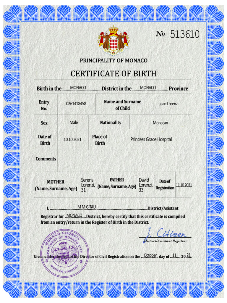 Monaco vital record birth certificate PSD template, fully editable