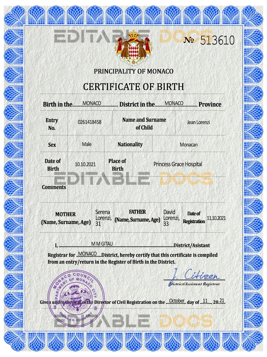 Authentic Monaco Birth Certificate Template | Customize and Download Online