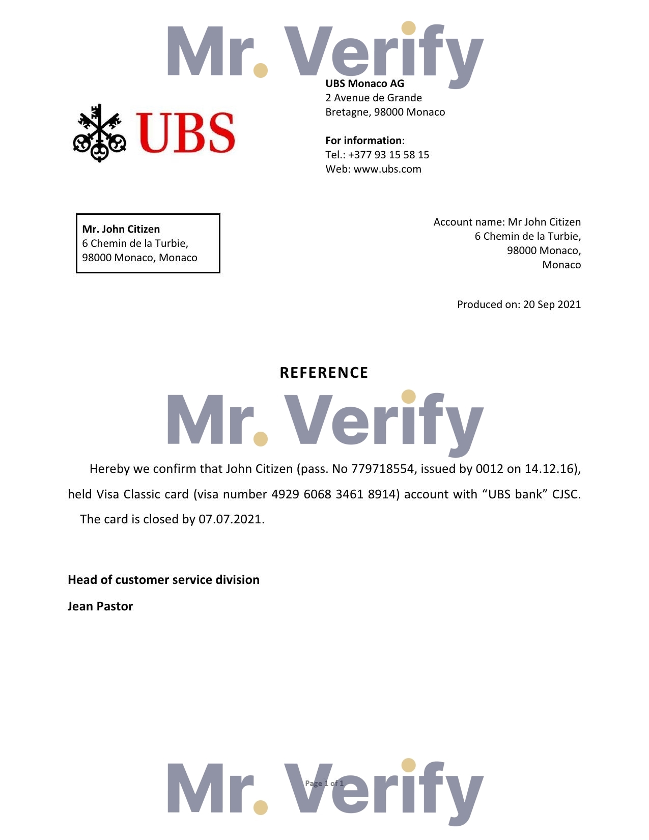 Download Monaco UBS Bank Reference Letter Templates | Editable Word