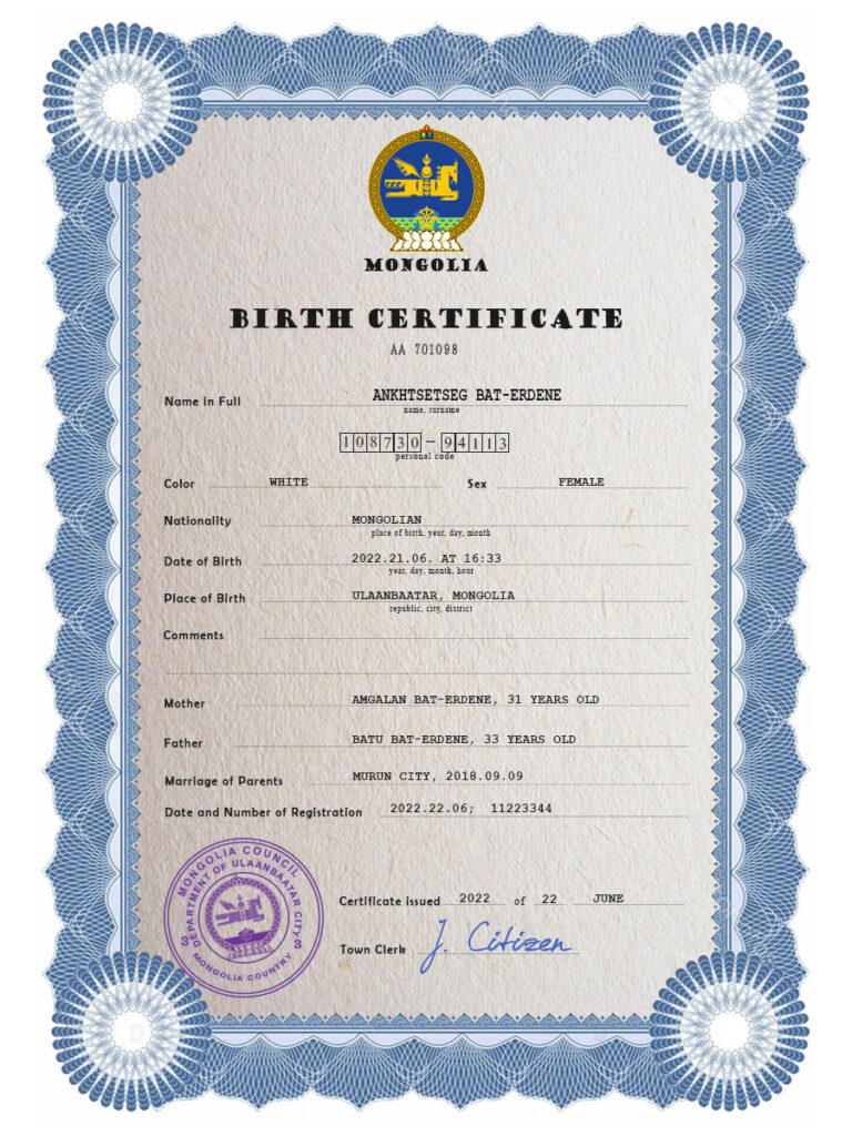 Mongolia birth certificate PSD template, completely editable