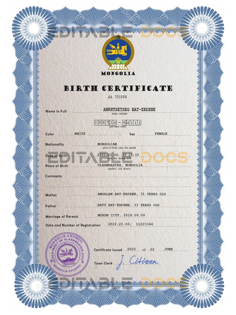 Authentic Mongolia Birth Certificate Template | Customize and Download Online