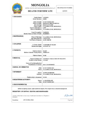 Mongolia birth certificate Word and PDF template, completely editable