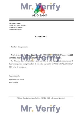 Download Mongolia Arig Bank Reference Letter Templates Editable Word