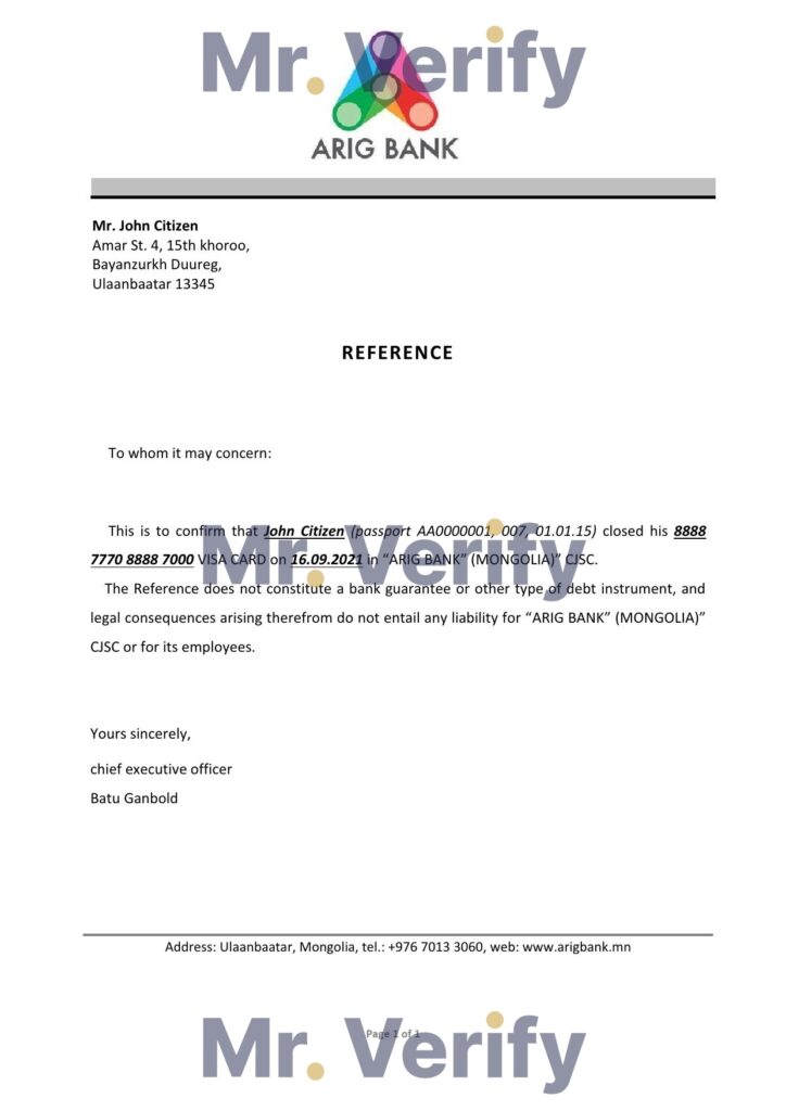 Download Mongolia Arig Bank Reference Letter Templates Editable Word