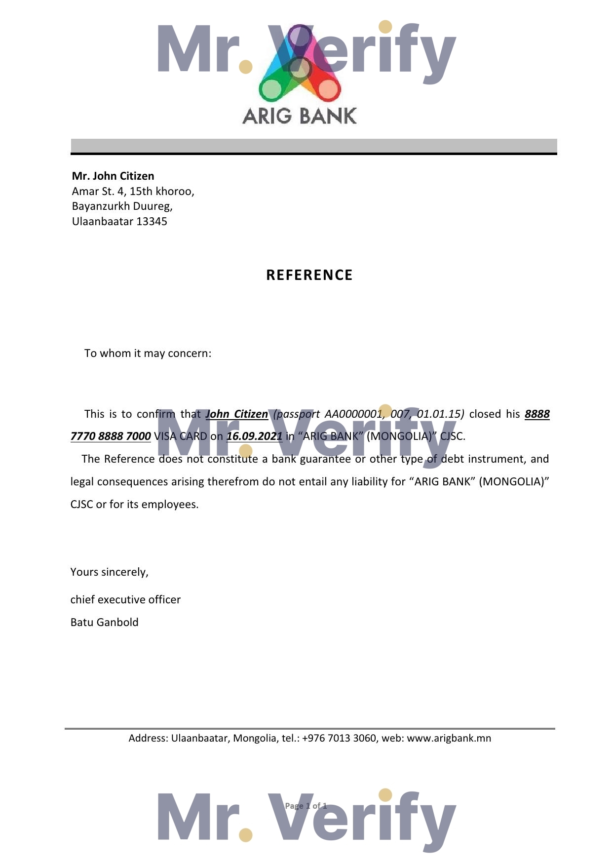 Download Mongolia Arig Bank Reference Letter Templates | Editable Word