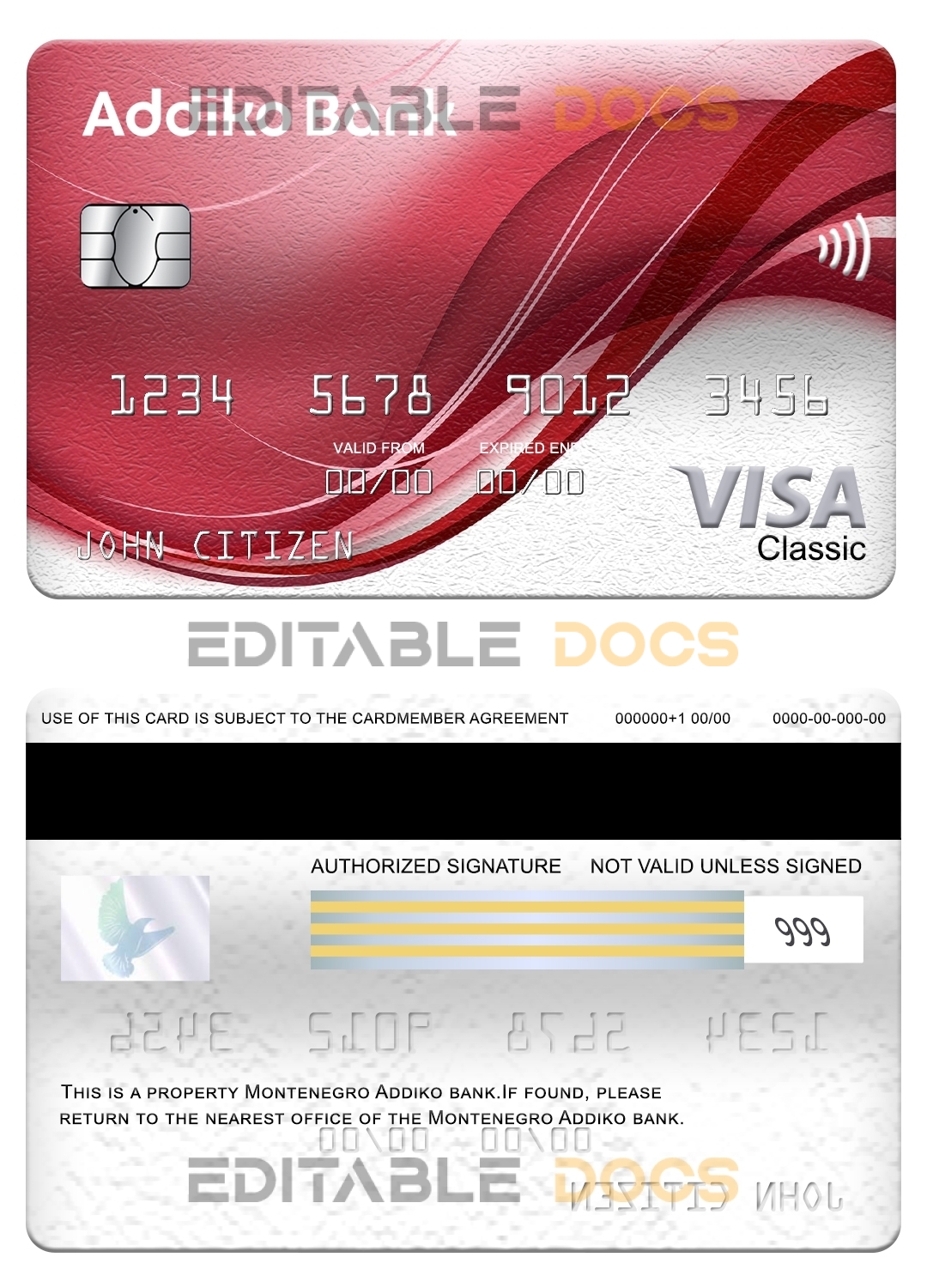 Editable Montenegro Addiko bank visa classic card Templates in PSD Format