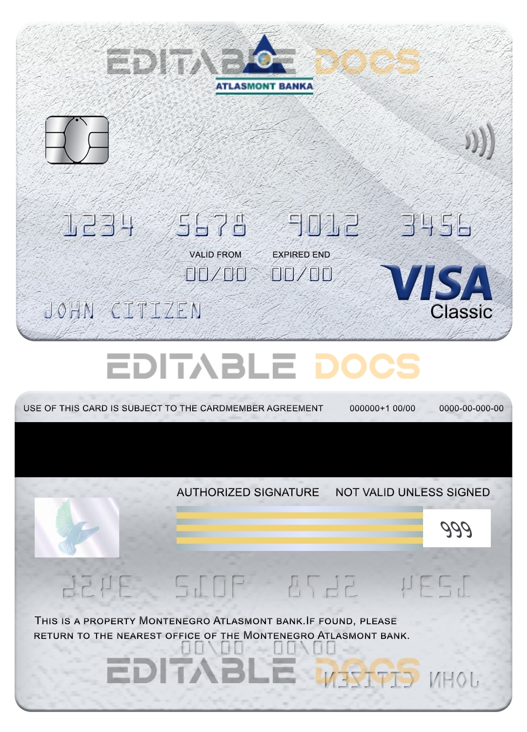 Editable Montenegro Atlasmont bank visa classic card Templates in PSD Format