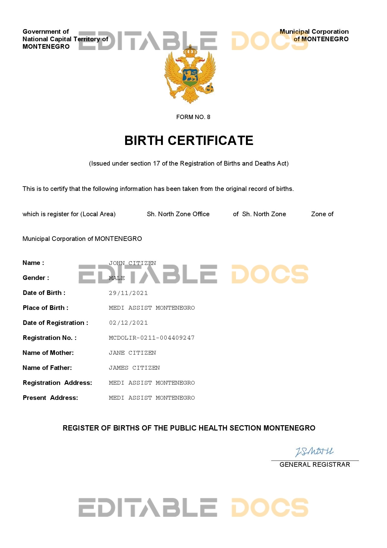 Authentic Montenegro Birth Certificate Template | Customize and Download Online