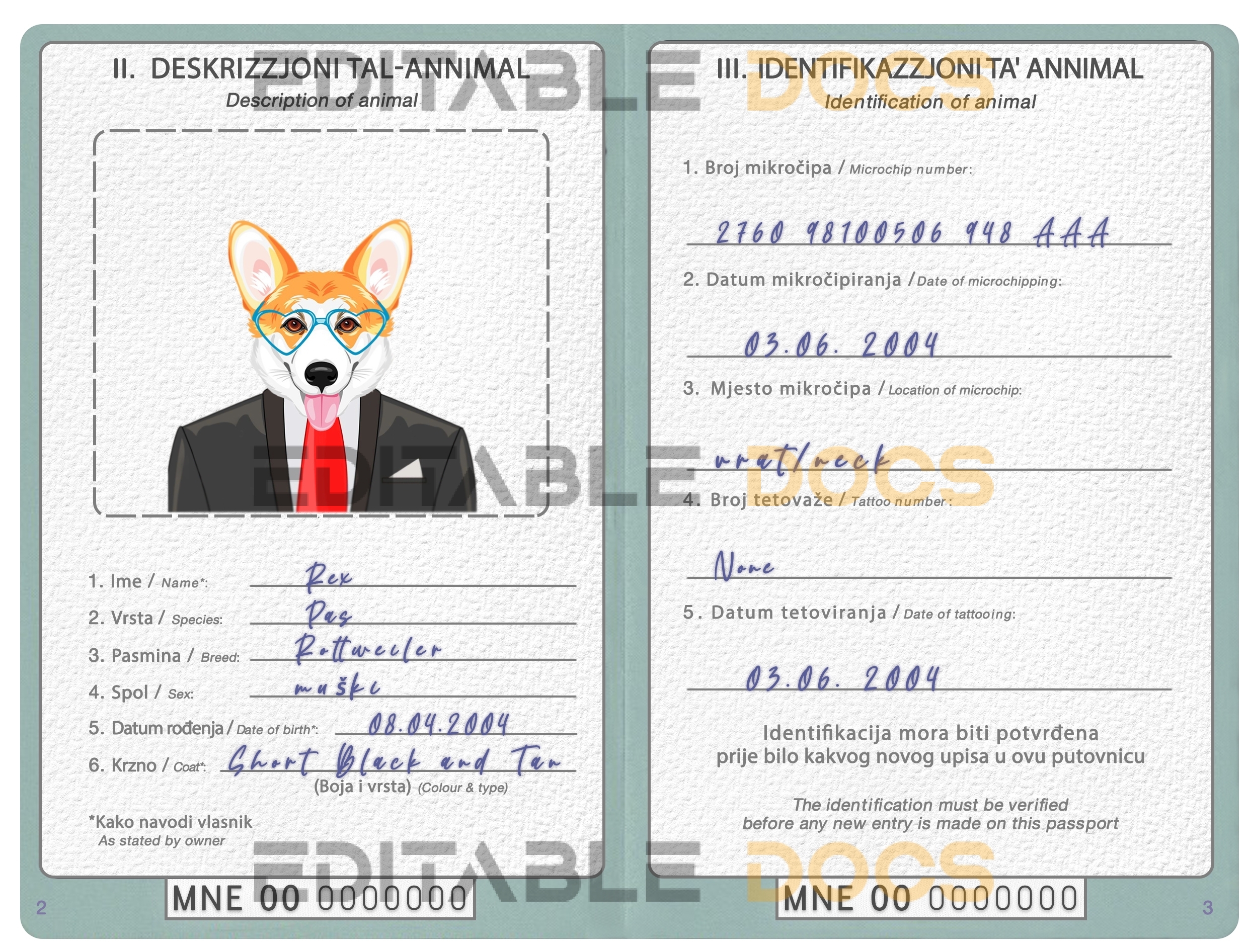 Montenegro dog Fake PSD Passport | Instant Download