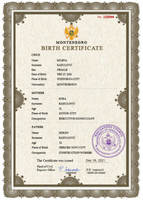 Montenegro vital record birth certificate PSD template