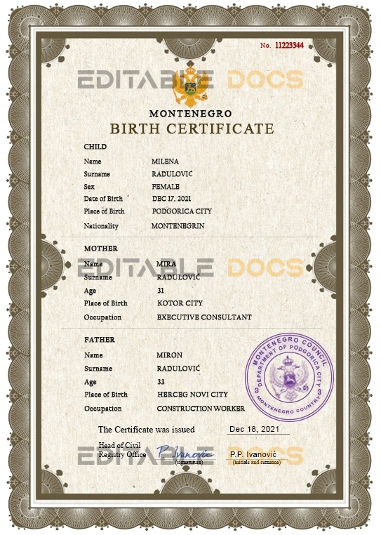 Authentic Montenegro Birth Certificate Template | Customize and Download Online