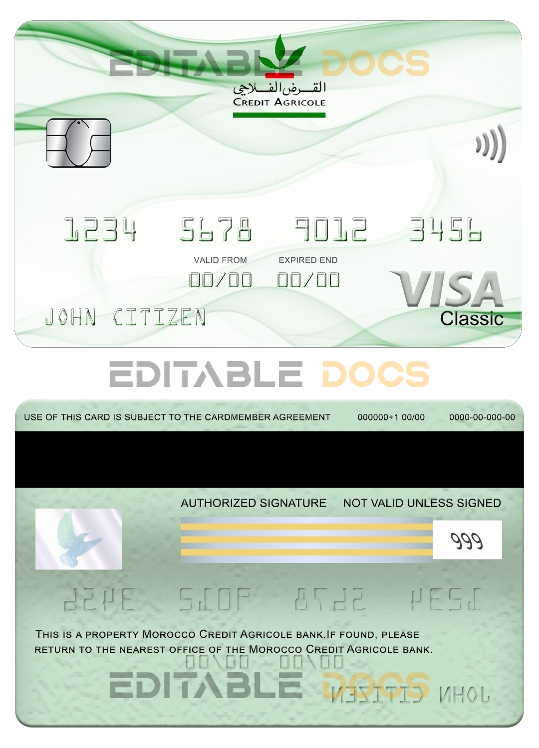 Editable Morocco Credit Agricole bank visa classic card Templates in PSD Format
