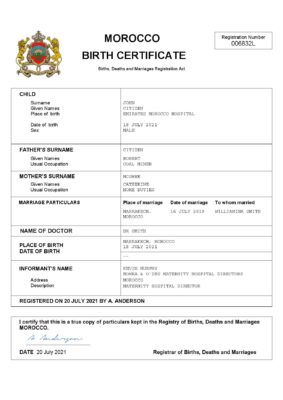 Morocco vital record birth certificate Word and PDF template, completely editable