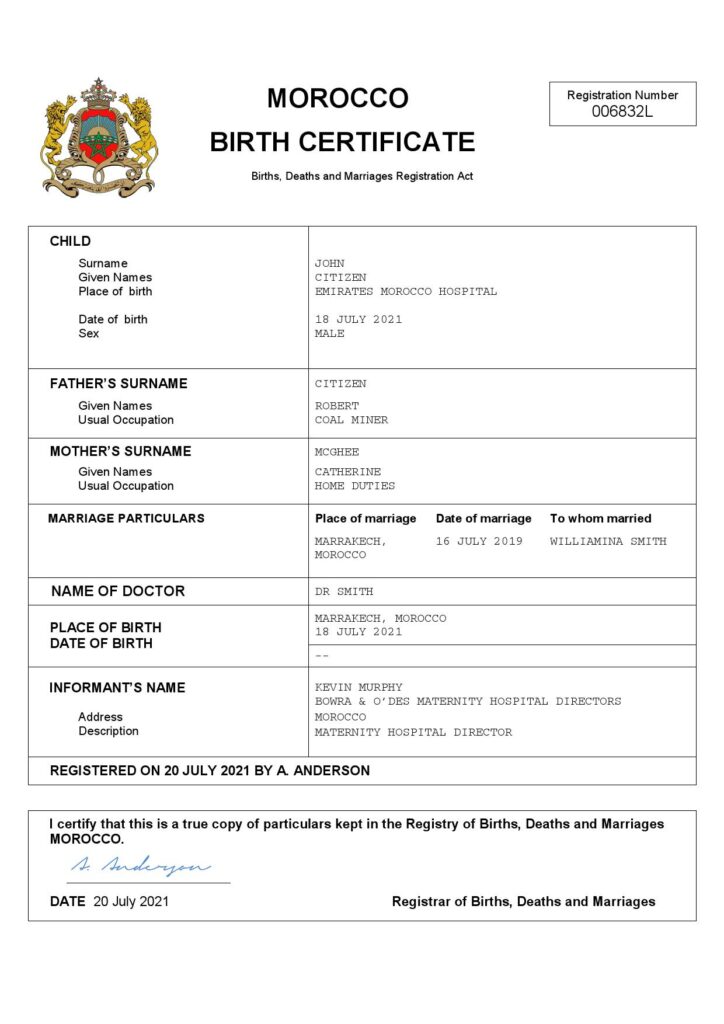 Morocco vital record birth certificate Word and PDF template, completely editable