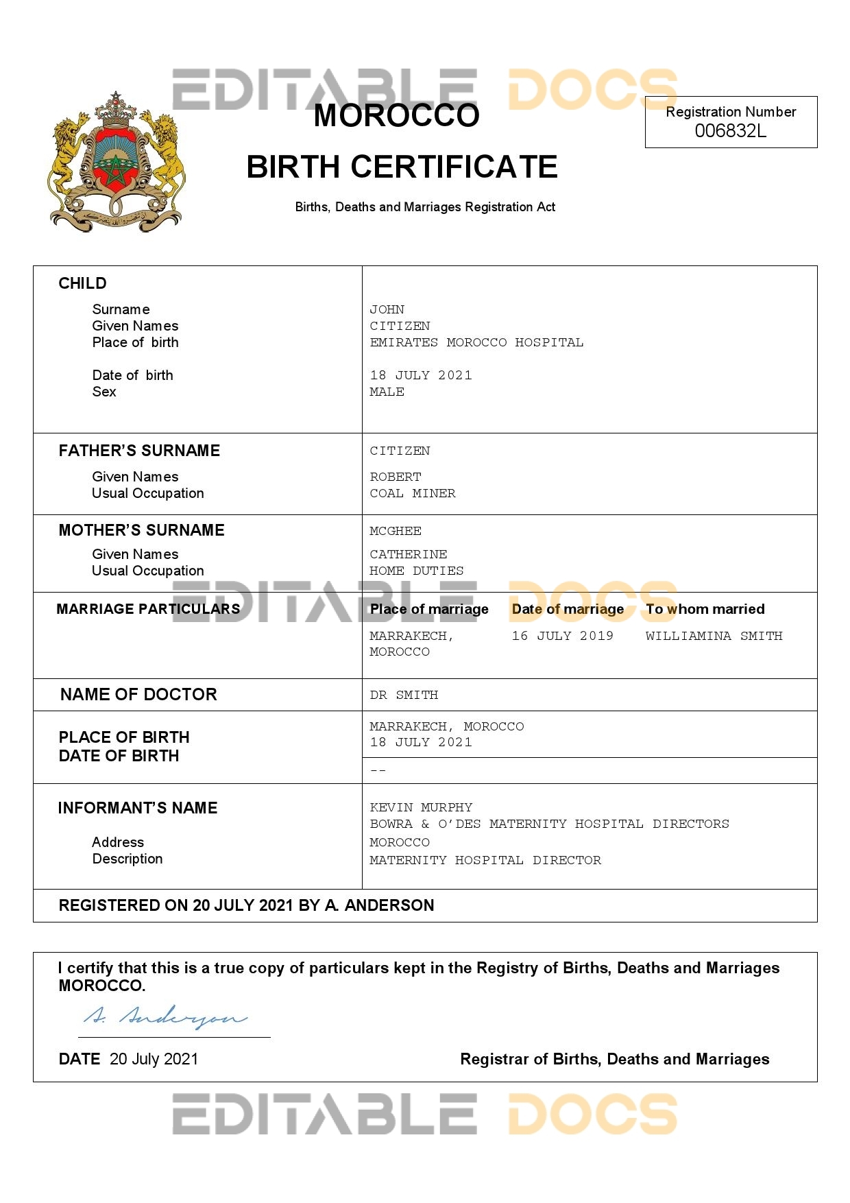 Authentic Morocco Birth Certificate Template | Customize and Download Online
