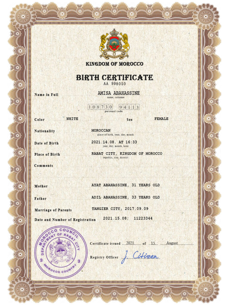 Authentic Morocco Birth Certificate Template | Customize and Download Online