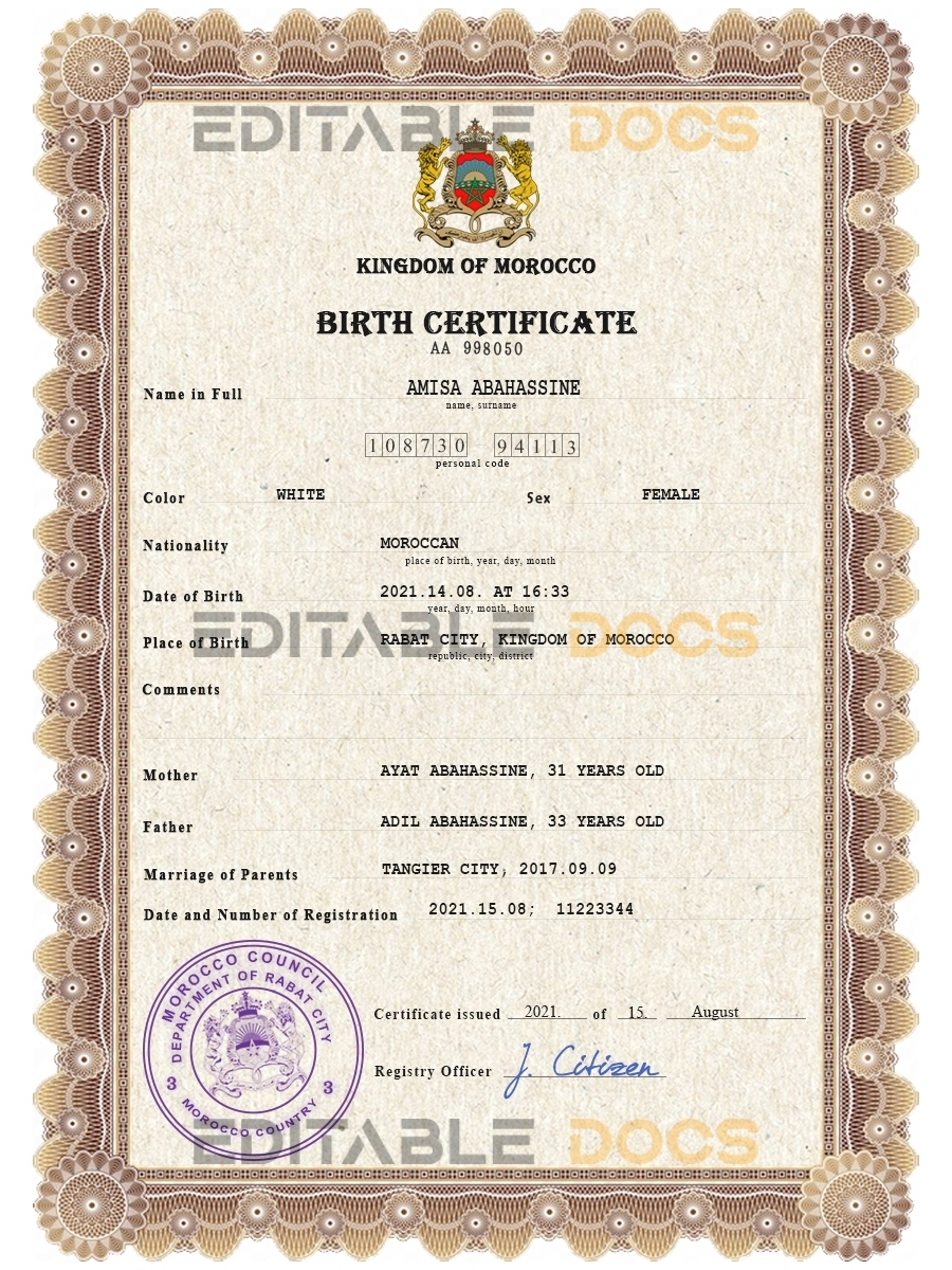 Authentic Morocco Birth Certificate Template | Customize and Download Online