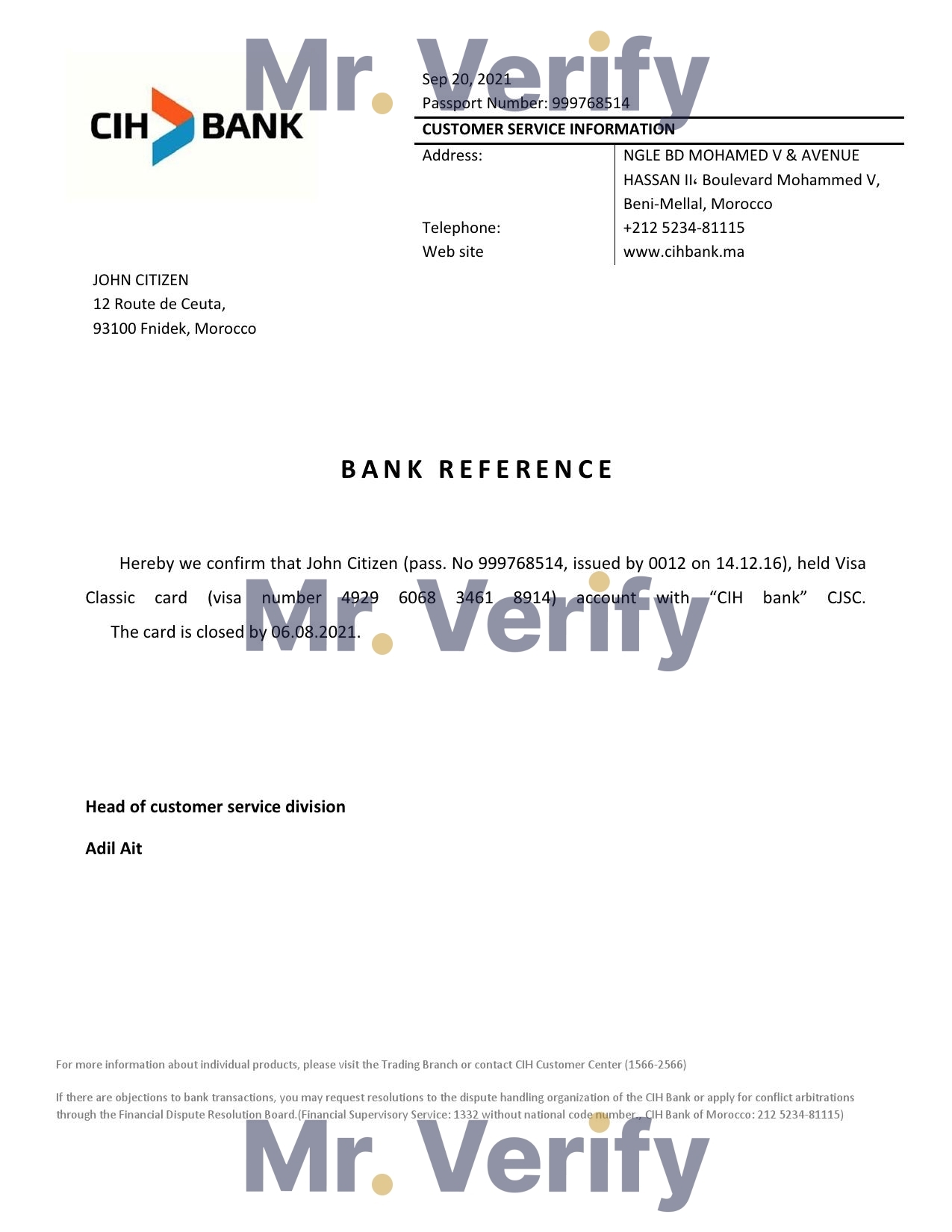 Download Morocco CIH Bank Reference Letter Templates | Editable Word
