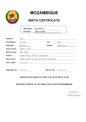 Mozambique birth certificate Word and PDF template, completely editable