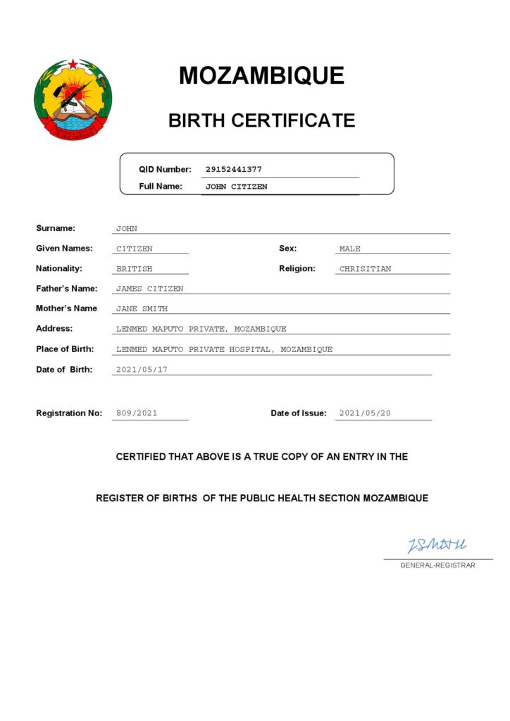 Mozambique birth certificate Word and PDF template, completely editable