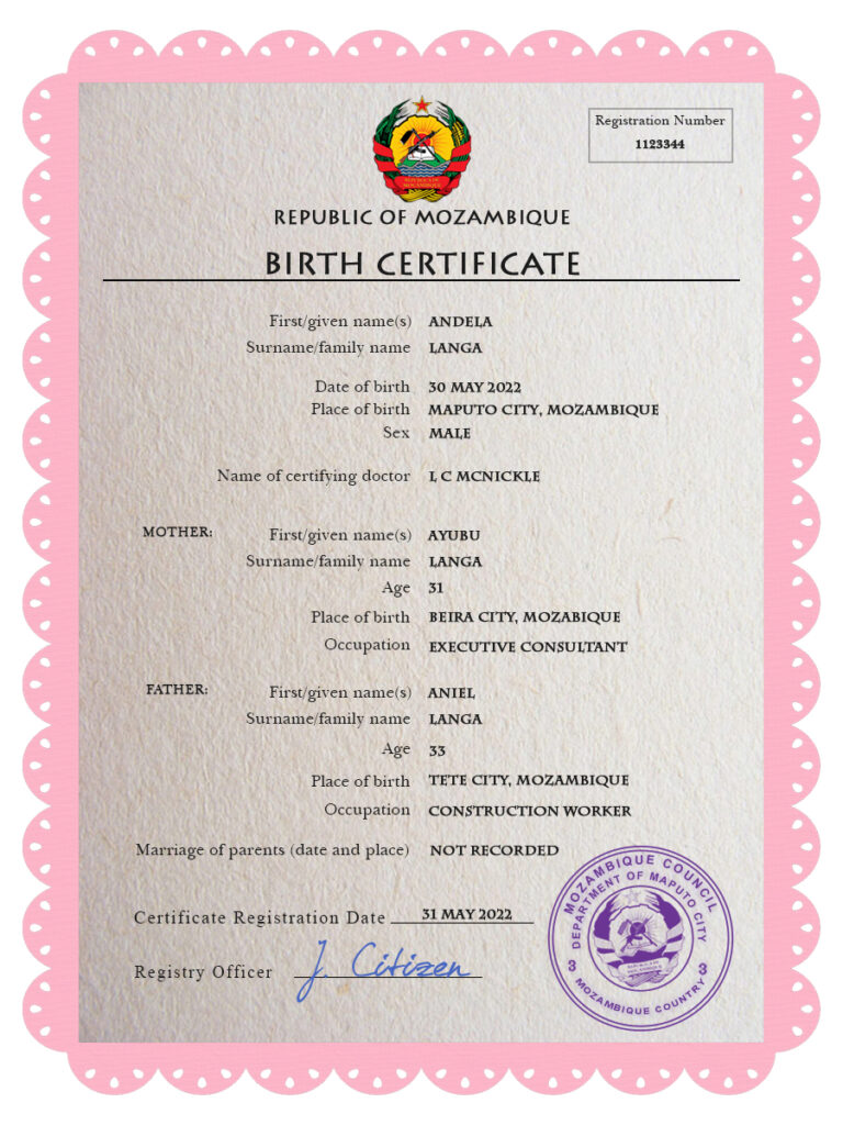 Authentic Mozambique Birth Certificate Template | Customize and Download Online