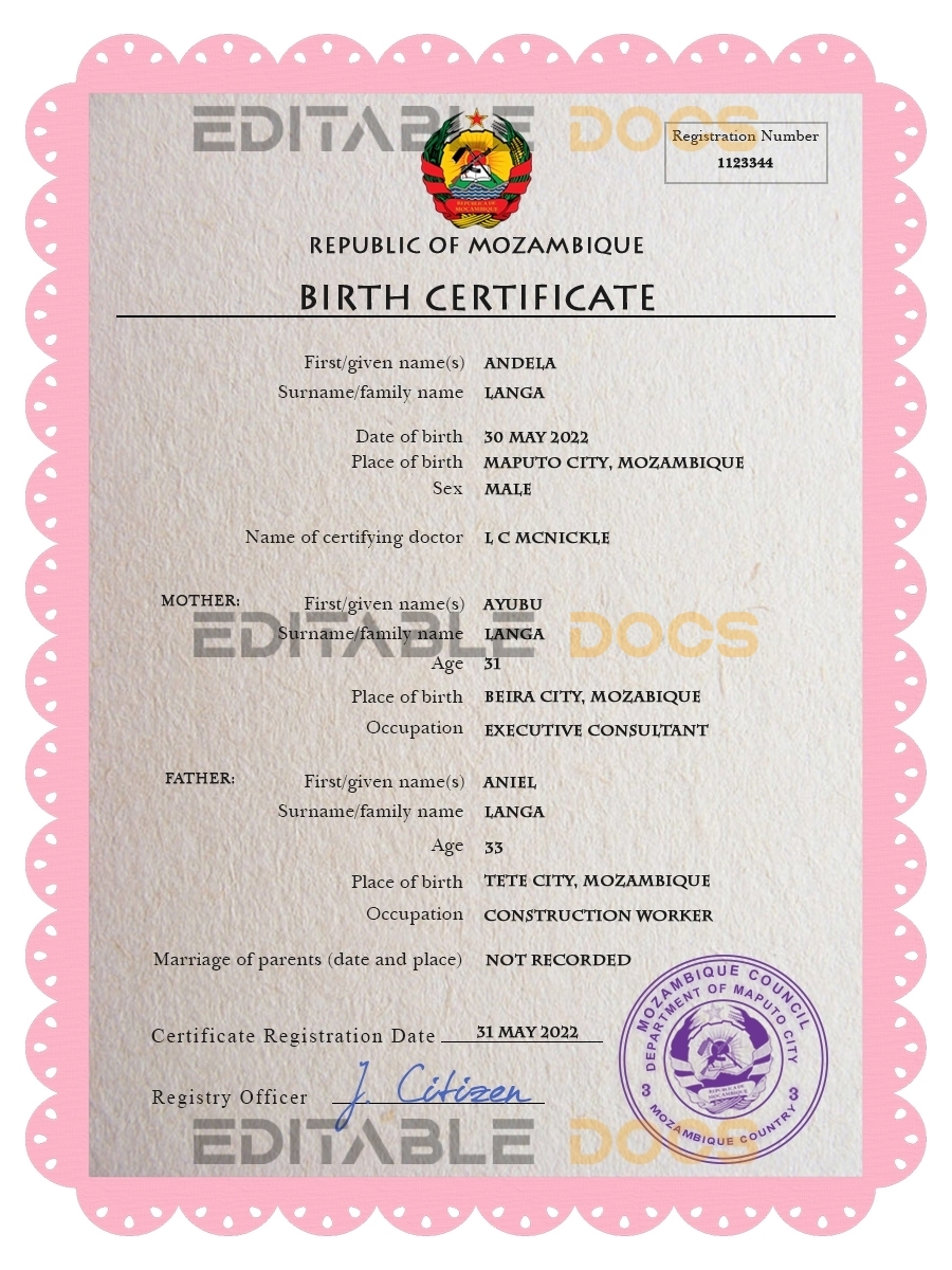 Authentic Mozambique Birth Certificate Template | Customize and Download Online