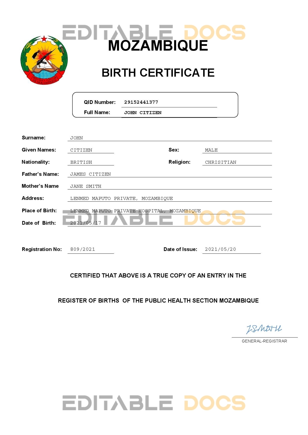 Authentic Mozambique Birth Certificate Template | Customize and Download Online