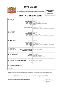 Myanmar vital record birth certificate Word and PDF template, completely editable