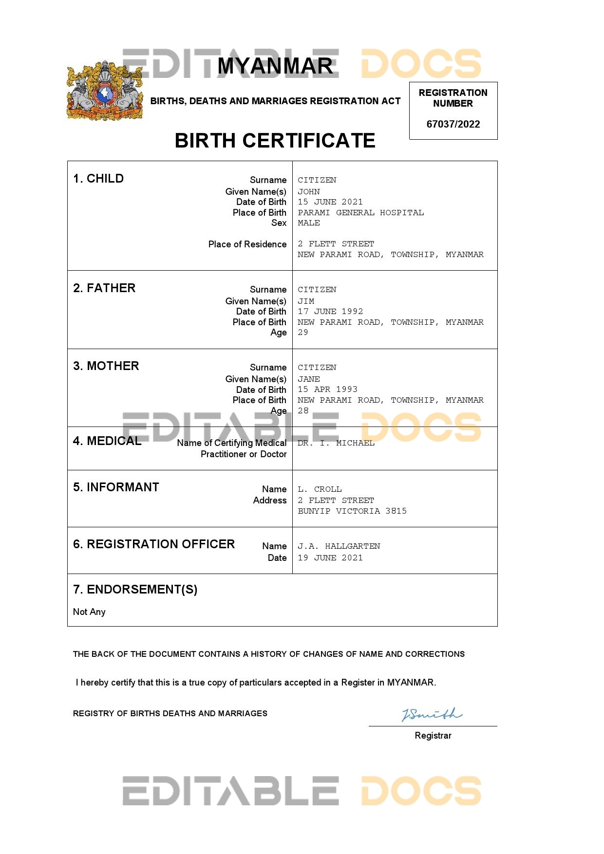 Authentic Myanmar Birth Certificate Template | Customize and Download Online