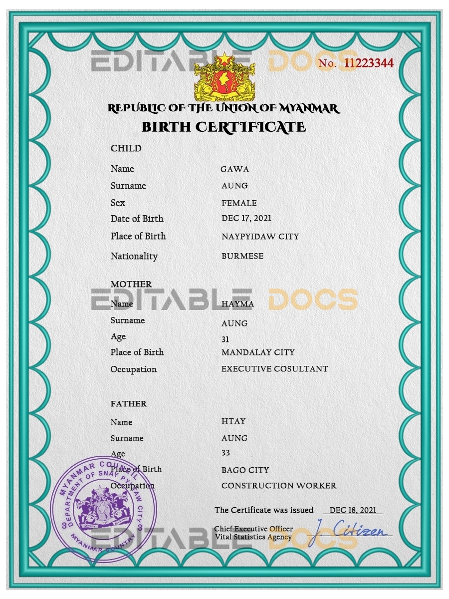 Authentic Myanmar Birth Certificate Template | Customize and Download Online