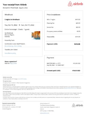 Editable Namibia Hotel Booking Form Template | Fillable PDF