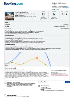 Editable Namibia Hotel Booking Form Template | Fillable PDF