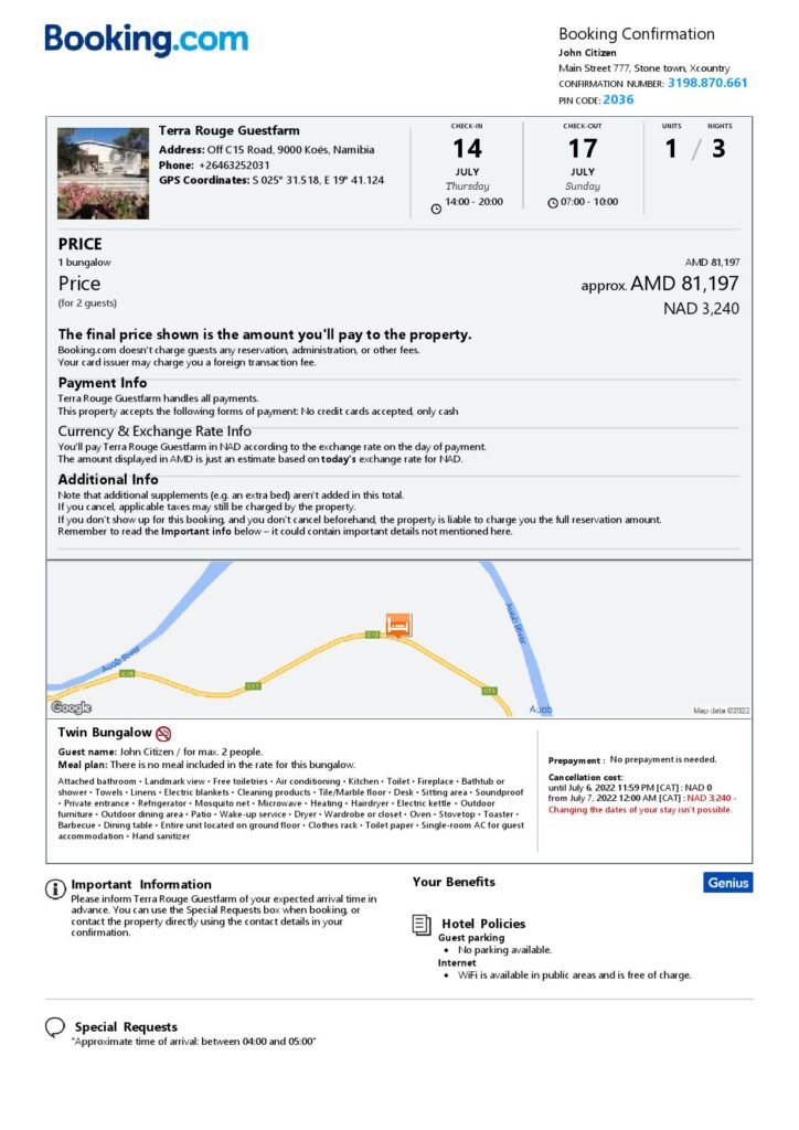 Editable Namibia Hotel Booking Form Template | Fillable PDF