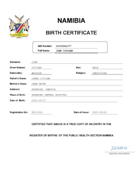 Namibia birth certificate Word and PDF template, completely editable