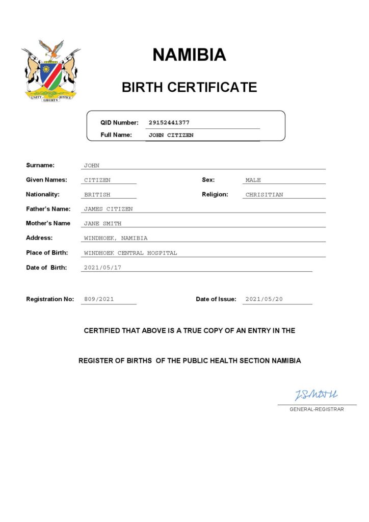 Namibia birth certificate Word and PDF template, completely editable