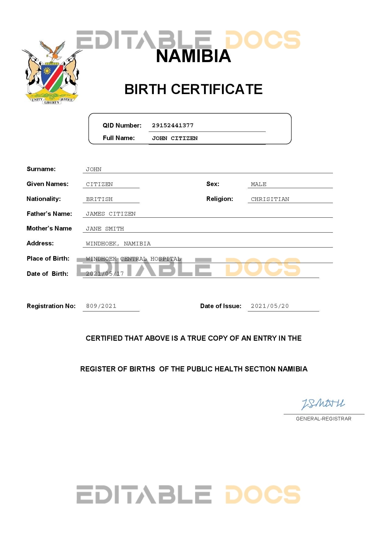 Authentic Namibia Birth Certificate Template | Customize and Download Online