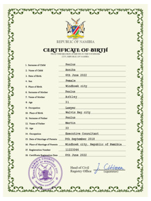 Namibia vital record birth certificate PSD template, fully editable