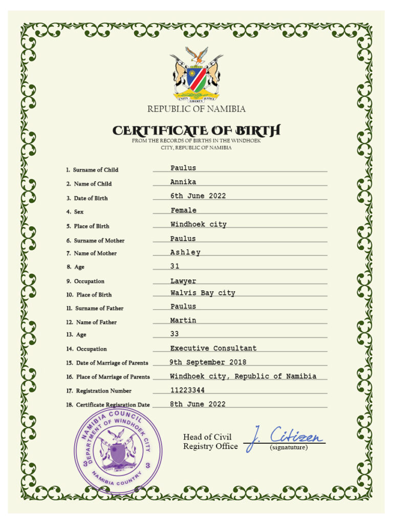 Namibia vital record birth certificate PSD template, fully editable