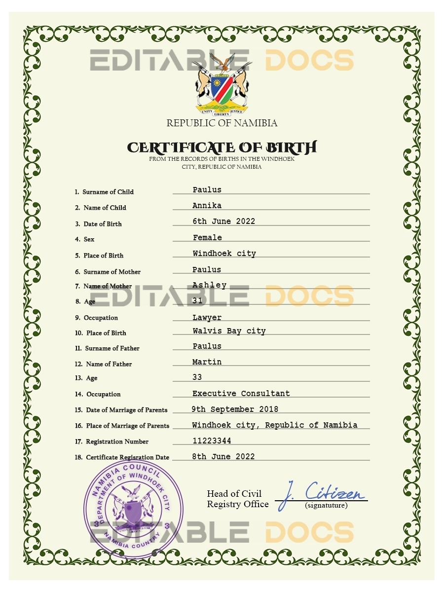 Authentic Namibia Birth Certificate Template | Customize and Download Online