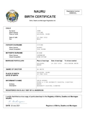 Nauru vital record birth certificate Word and PDF template, completely editable