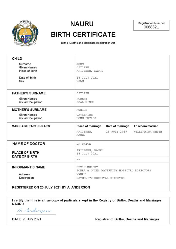 Nauru vital record birth certificate Word and PDF template, completely editable