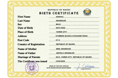 Nauru birth certificate PSD template, completely editable