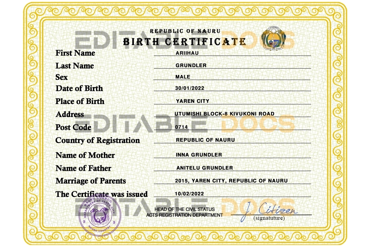 Authentic Nauru Birth Certificate Template | Customize and Download Online