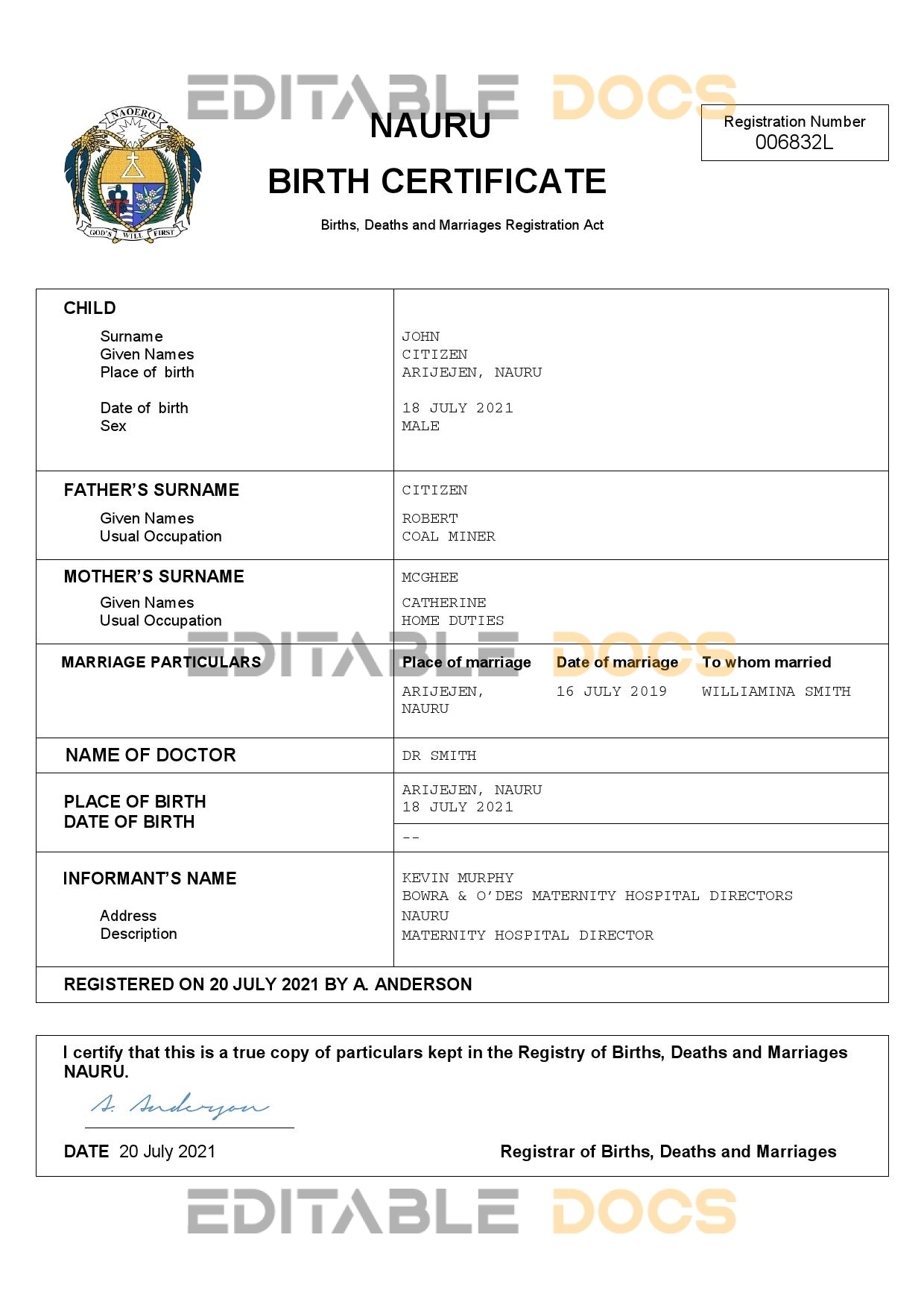 Authentic Nauru Birth Certificate Template | Customize and Download Online
